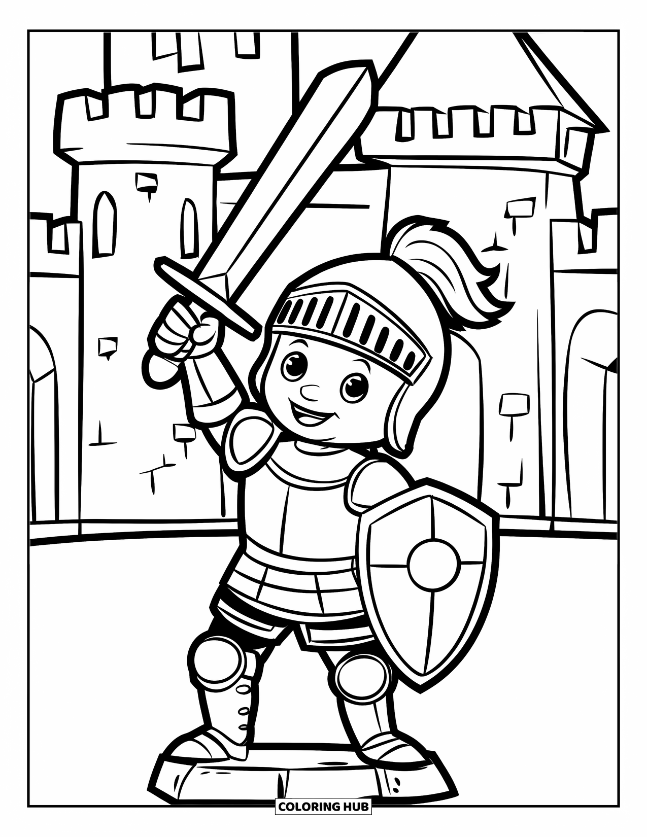 Knight Coloring Page for Kids: A knight with a round shield raises a toy sword near a castle and drawbridge