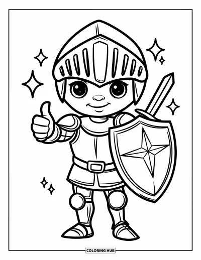 Coloriage de chevalier pour enfants : Un chevalier avec un bouclier et une épée fait un pouce levé plein de confiance