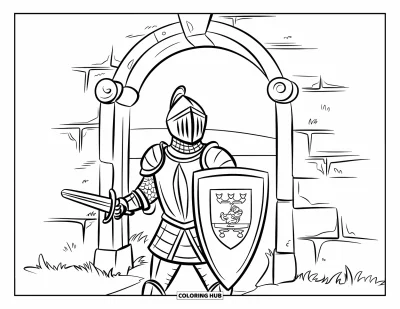 Coloriage de chevalier pour enfants : Un chevalier avec un bouclier garde une vieille arche en pierre près d'un champ herbeux et d'un château