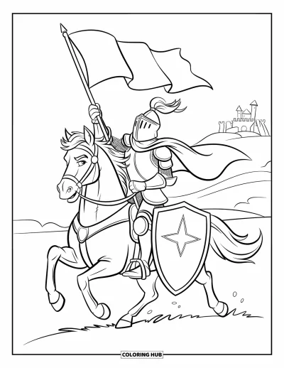 Coloriage de chevalier pour enfants : Un chevalier avec un bouclier chevauche dans le vent près d'un château sur une colline