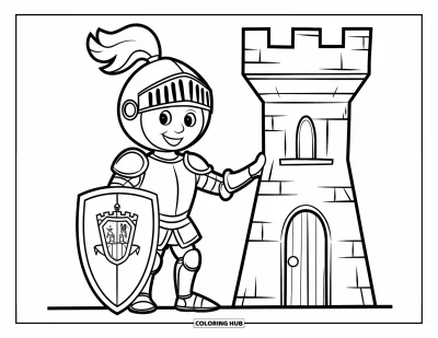 Coloriage de chevalier pour enfants : Un chevalier avec un bouclier se tient près d'une petite tour avec des fenêtres et un drapeau