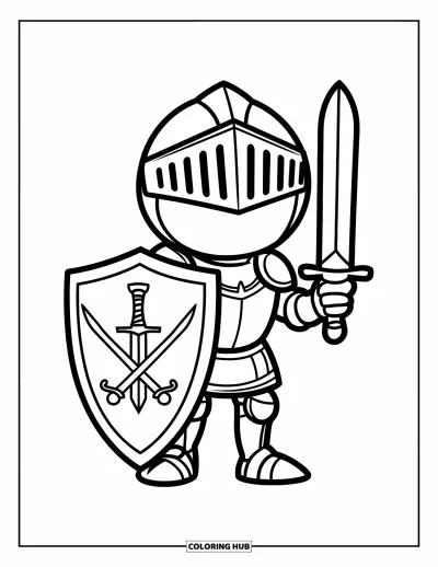 Coloriage de chevalier pour enfants : Un chevalier avec une épée et un bouclier à motif croisé se tient avec assurance