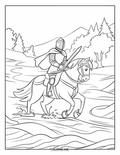Coloriage de chevalier pour enfants : Un chevalier avec une épée chevauche à travers les vagues d'une rivière près d'arbres et de montagnes lointaines