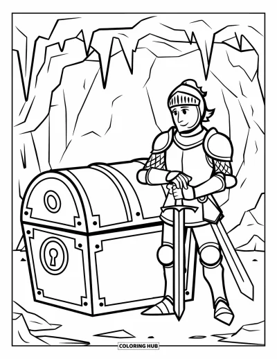 Coloriage de chevalier pour enfants : Un chevalier avec une épée se tient près d'un coffre marqué d'une tête de mort dans une grotte