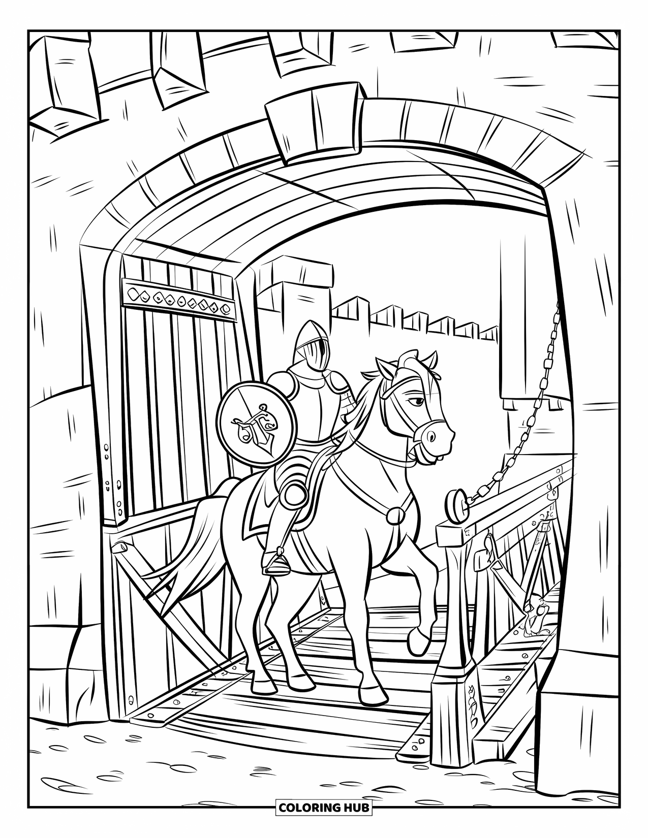 Knight Coloring Page for Kids: A knight with shield and sword rides toward a raised drawbridge and castle towers
