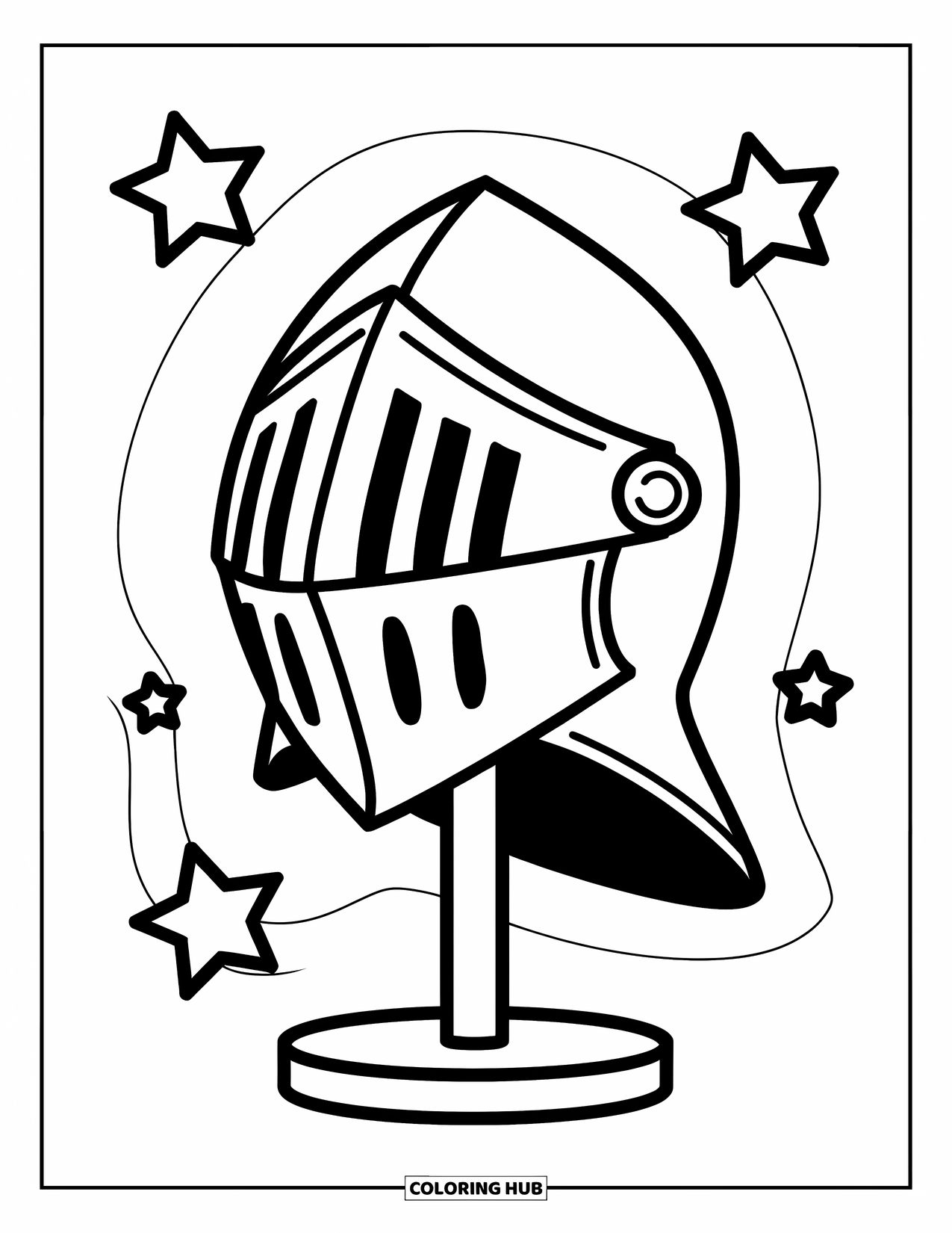 Knight Coloring Page for Kids: A knight's helmet sits on a stand surrounded by big cheerful stars