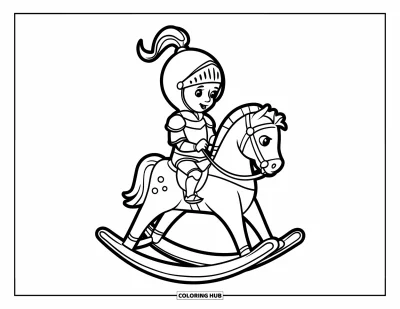 Coloriage de chevalier pour enfants : Un petit chevalier chevauche un simple cheval à bascule avec un casque sur la tête