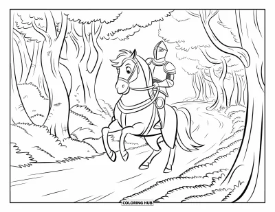 Coloriage de chevalier pour enfants : Un cheval cabré porte un chevalier à travers une forêt dense aux sentiers sinueux