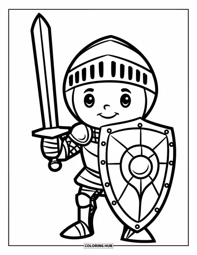 Coloriage de chevalier pour enfants : Un chevalier au visage rond tient un grand bouclier et une petite épée avec une posture fière
