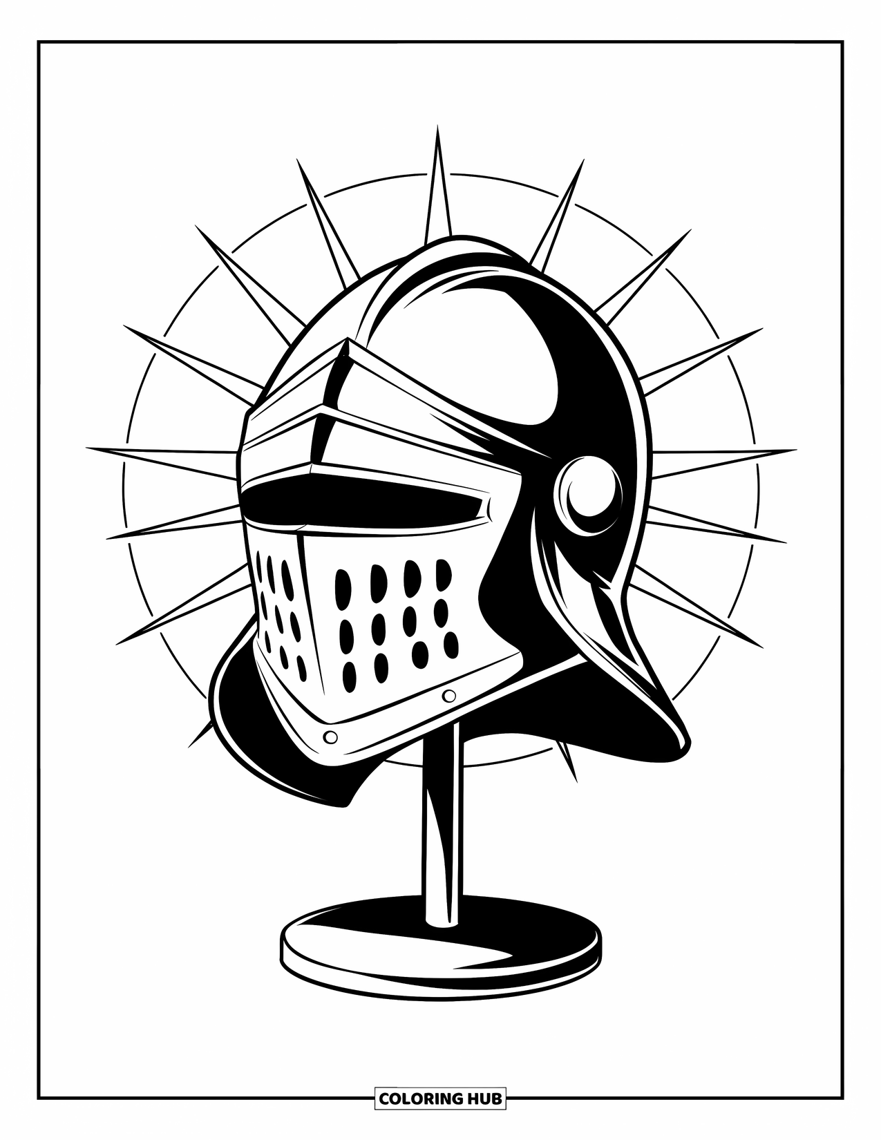 Knight Coloring Page for Kids: A round-shielded helmet rests on a stand with stars shining around it