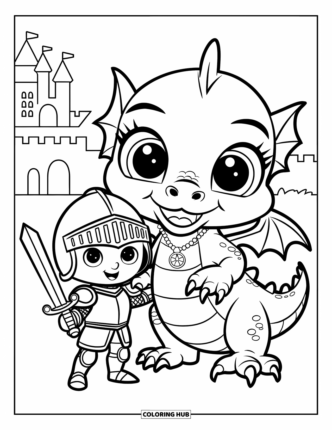 Knight Coloring Page for Kids: A smiling dragon with big eyes stands beside a tiny knight on a rock near a castle