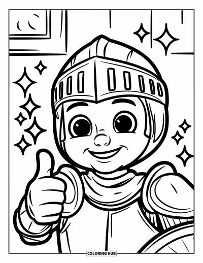 Coloriage de chevalier pour enfants : Un chevalier souriant avec une moustache fait un pouce levé avec des étincelles à proximité