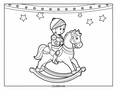 Coloriage de chevalier pour enfants : Un petit chevalier sur un cheval à bascule sous un plafond parsemé d'étoiles