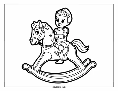 Coloriage de chevalier pour enfants : Un petit chevalier chevauche un cheval à bascule avec une expression gaie et espiègle