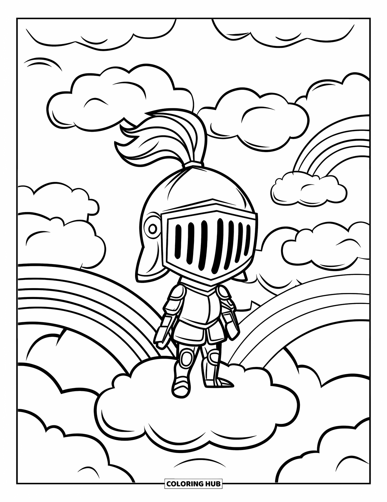 Knight Coloring Page for Kids: A tiny knight stands on a cloud among bridges and floating sky paths
