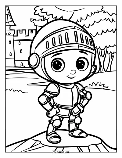 Coloriage de chevalier pour enfants : Un petit chevalier se tient sur un rocher avec des arbres et un château derrière lui