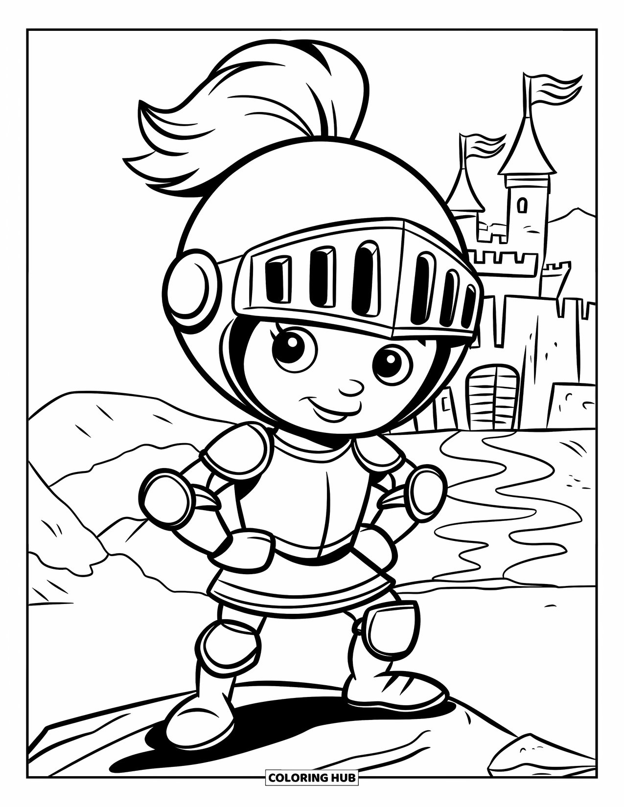 Knight Coloring Page for Kids: A tiny knight with big boots and helmet stands on a rock near a castle