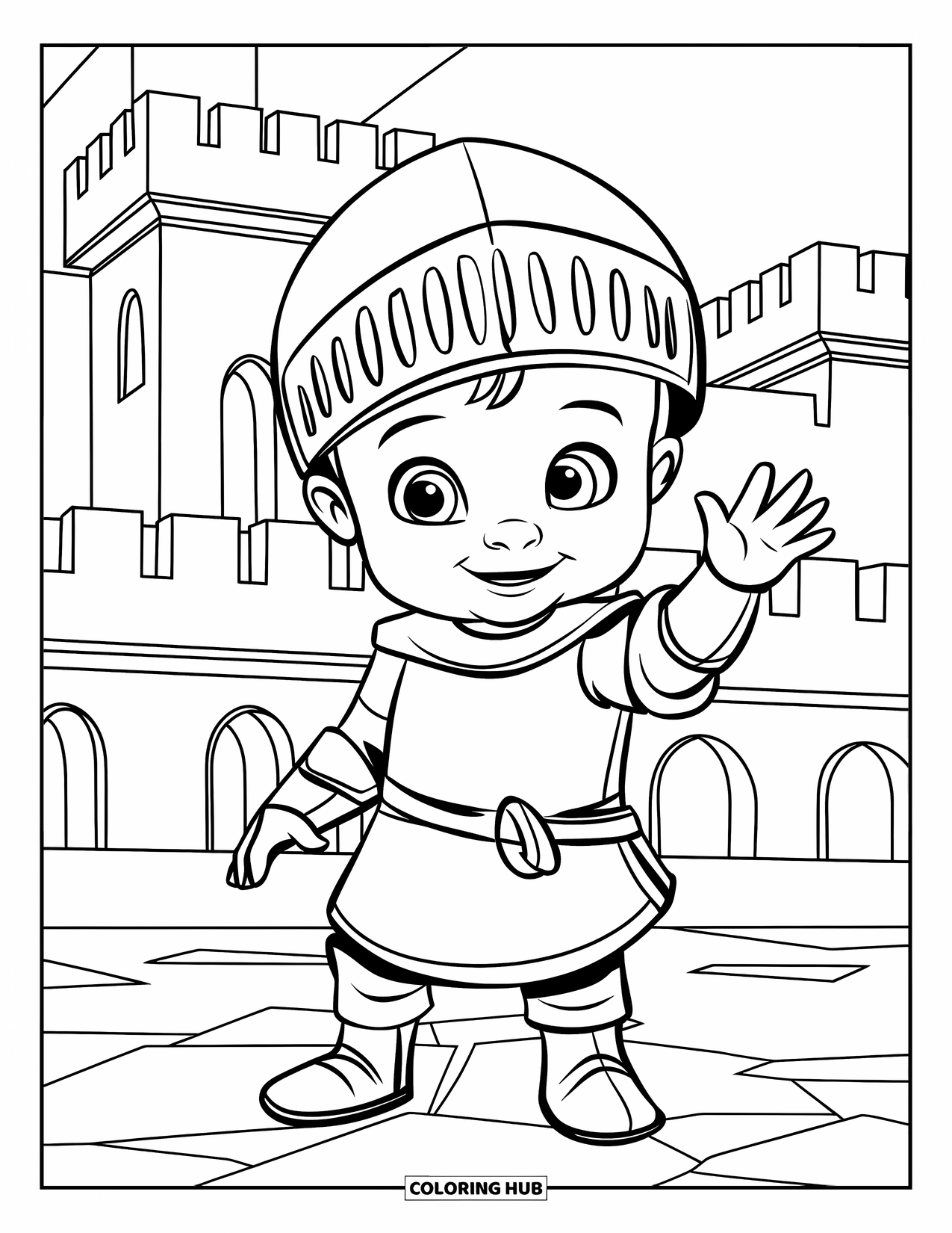 Knight Coloring Page for Kids: A waving baby knight in big boots sits near a tall castle with battlements