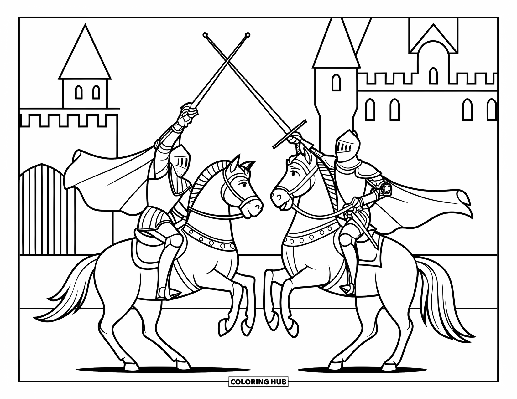 Knight Coloring Page for Kids: Two armored knights joust on horseback near a castle with towers and a drawbridge