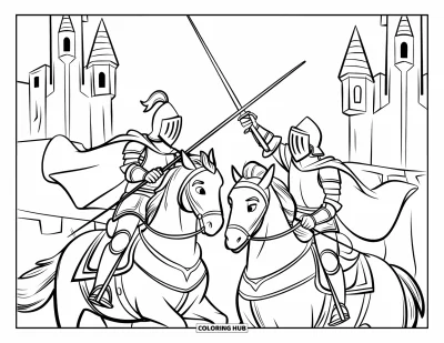 Coloriage de chevalier pour enfants : Deux chevaliers s'affrontent à la lance sur leurs chevaux devant un château aux hautes tours