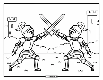 Coloriage de chevalier pour enfants : Deux chevaliers en armure croisent le fer dans un duel espiègle sur un champ herbeux