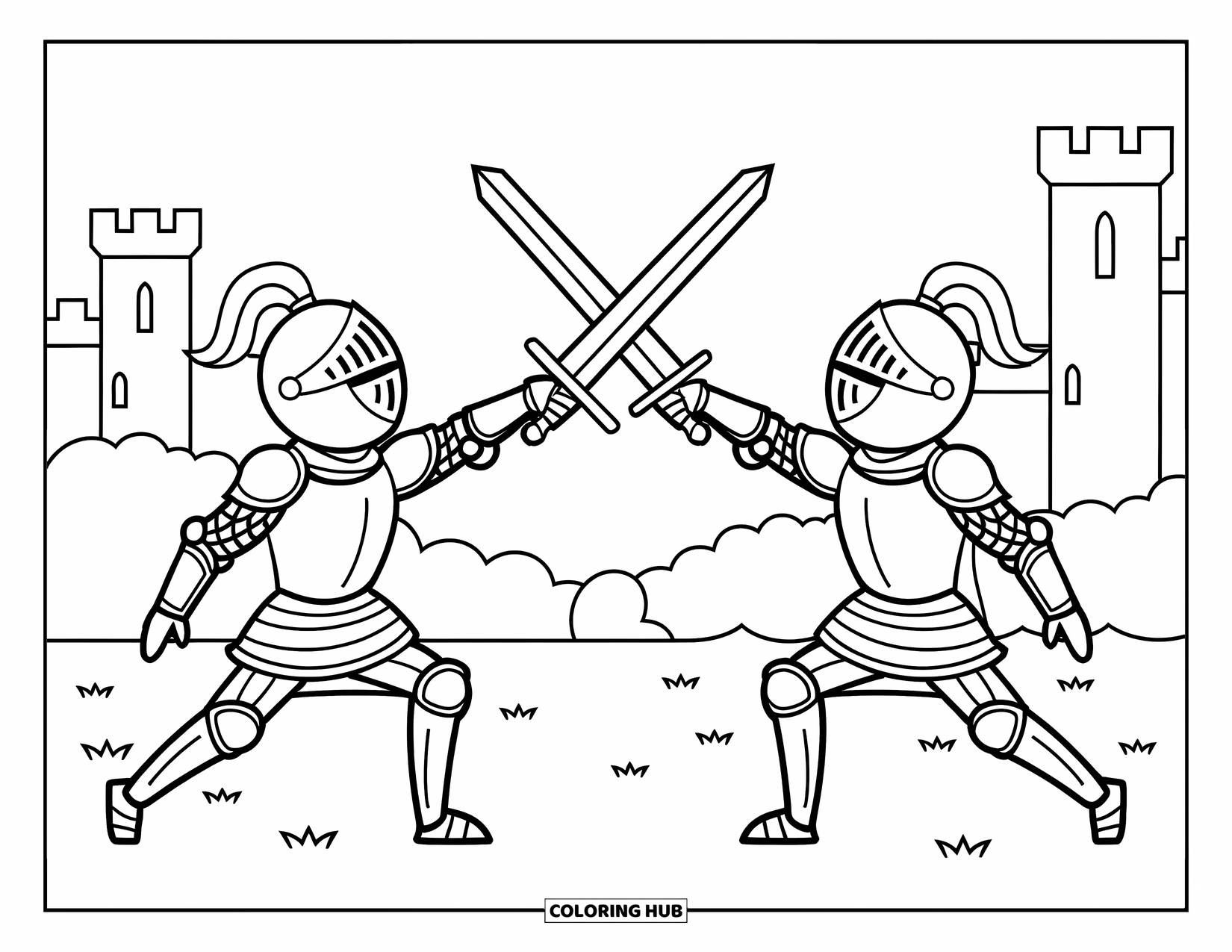 Knight Coloring Page for Kids: Two knights in armor cross swords in a playful duel on a grassy field