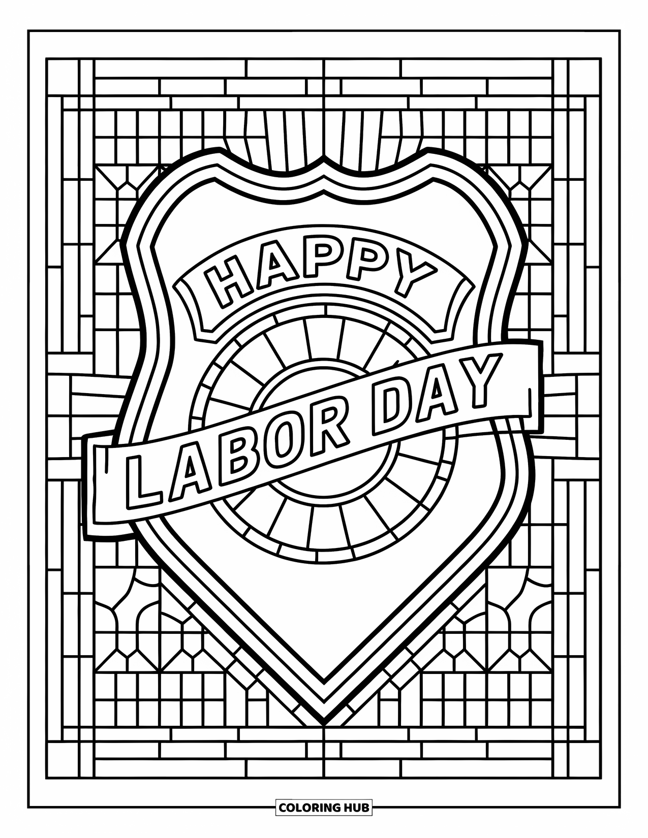 Labor Day Coloring Page for Adults: A badge with stained-glass borders and "Happy Labor Day" text
