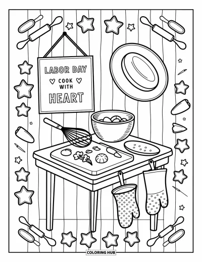 Tegning til arbejdernes dag til voksne: Et bagerbord med skål, piskeris, grøntsager og en "Cook with Heart"-plakat