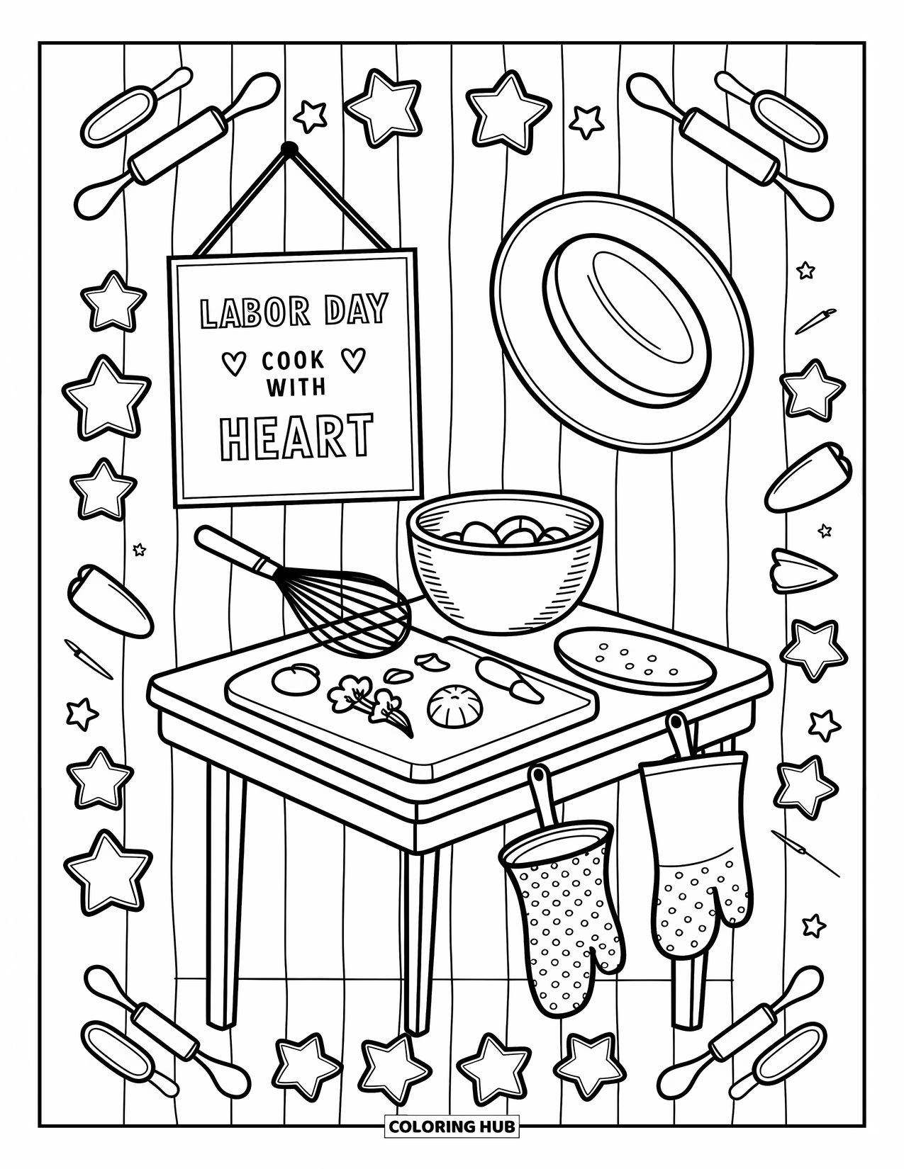 Labor Day Coloring Page for Adults: A baker's prep table with bowl, whisk, vegetables, and "Cook with Heart" poster