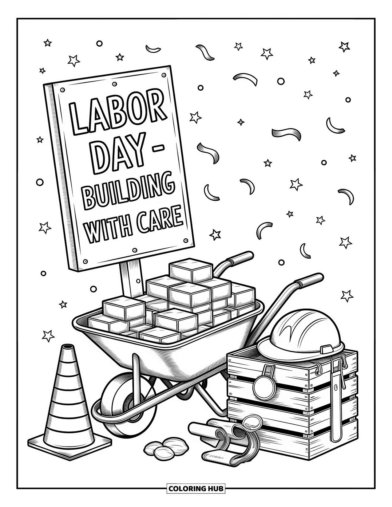 Labor Day Coloring Page for Adults: A building scene with bricks, tools, sign, and playful floating doodles