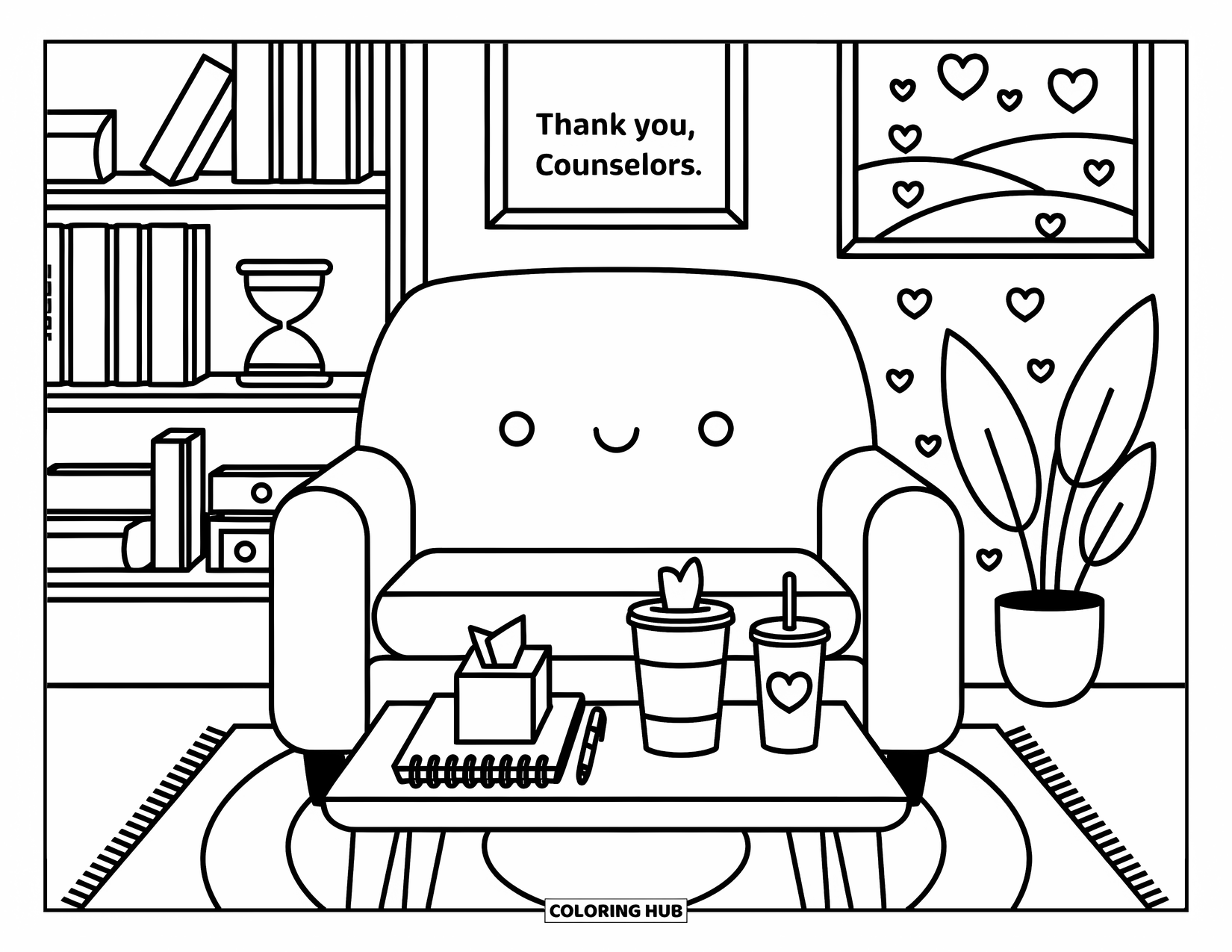 Labor Day Coloring Page for Adults: A calm office space with an armchair, bookshelf, and floating doodle symbols