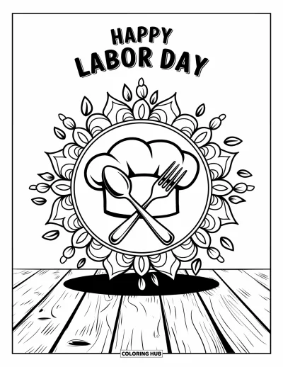 Tegning til arbejdernes dag til voksne: En kokkehue og bestik med blomstermandalas og blade