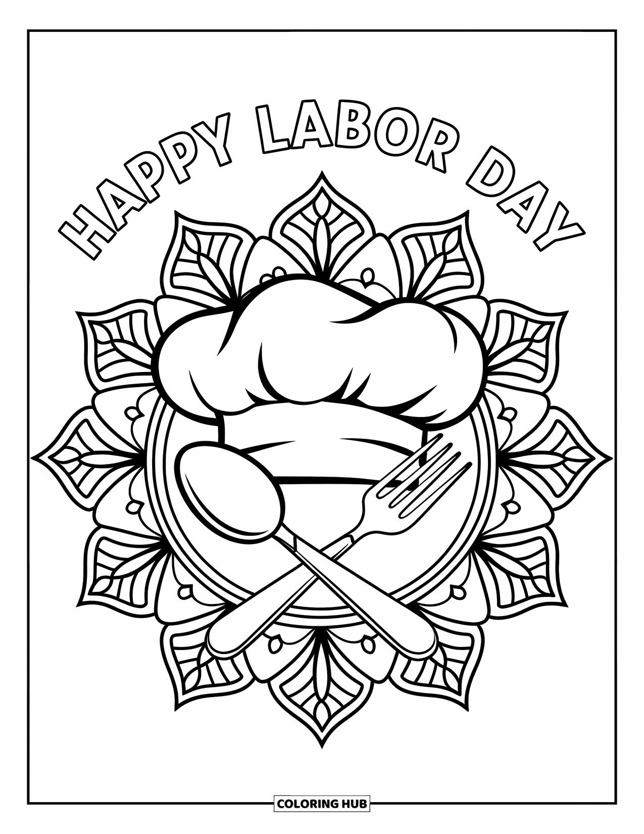 Labor Day Coloring Page for Adults: A chef's hat with utensils crossed inside a decorative mandala