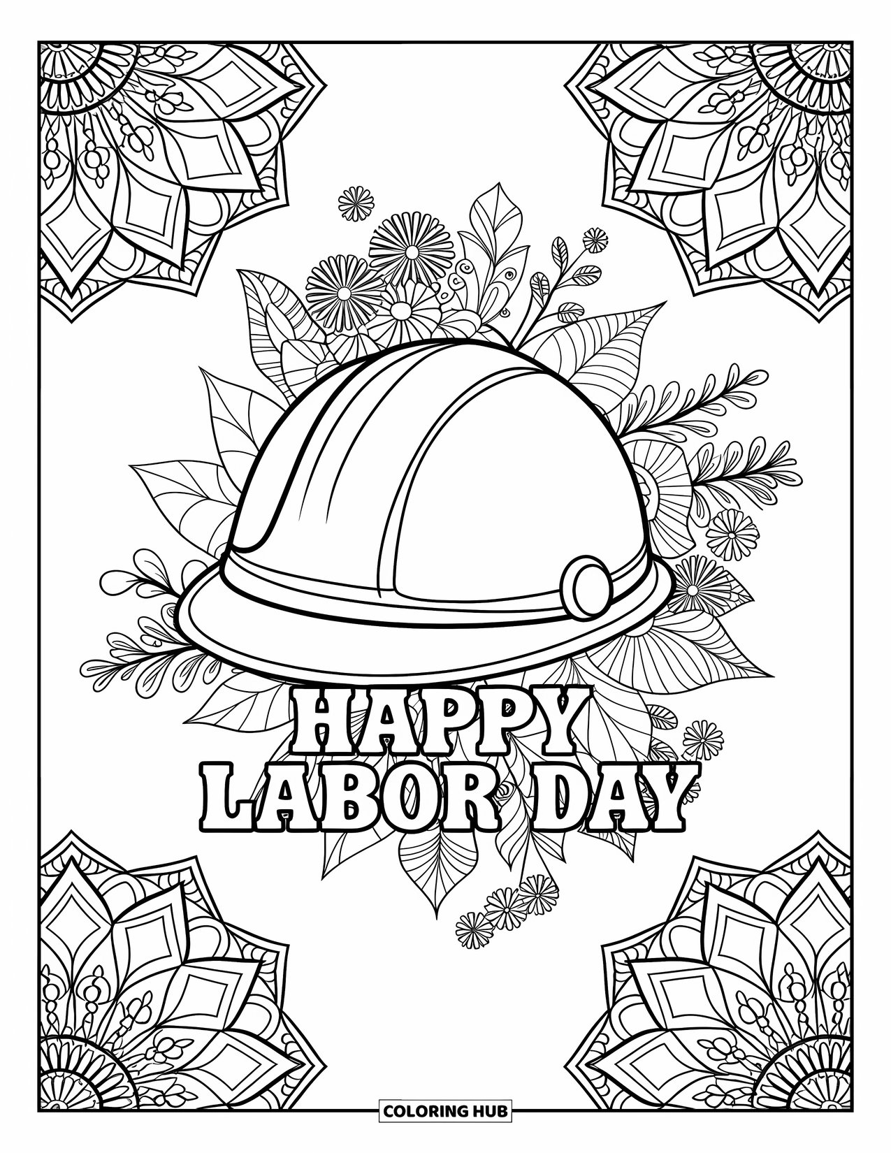 Labor Day Coloring Page for Adults: A construction helmet with botanical mandalas and detailed patterns