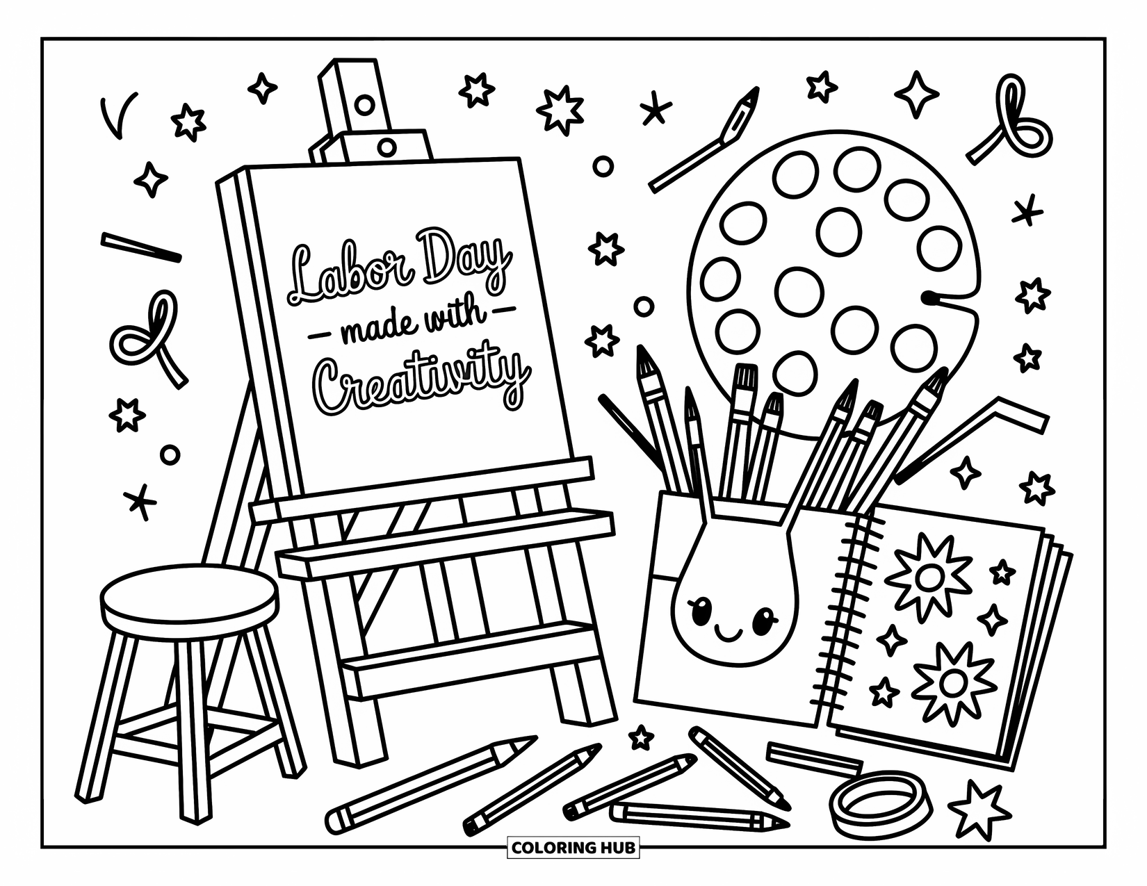 Labor Day Coloring Page for Adults: A creative studio with easel, brushes, palette, ribbons, and tiny sketches