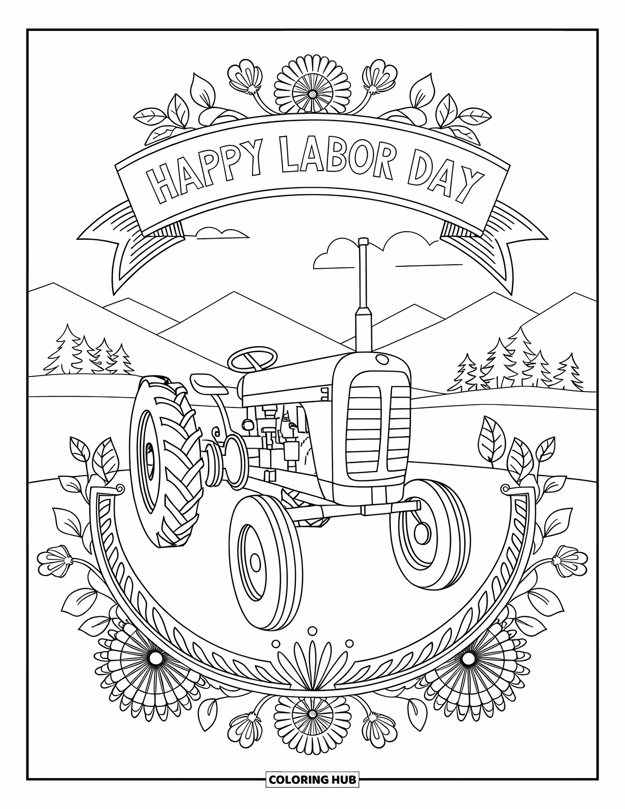 Labor Day Coloring Page for Adults: A farmer's tractor surrounded by floral mandala vines and a banner