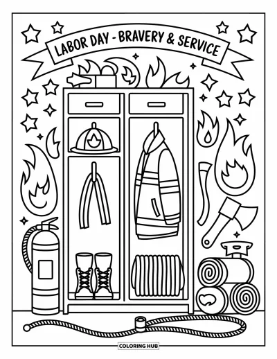 Tegning til arbejdernes dag til voksne: Et brandmandsskab med hjelm, støvler, jakke og et "Bravery & Service"-banner