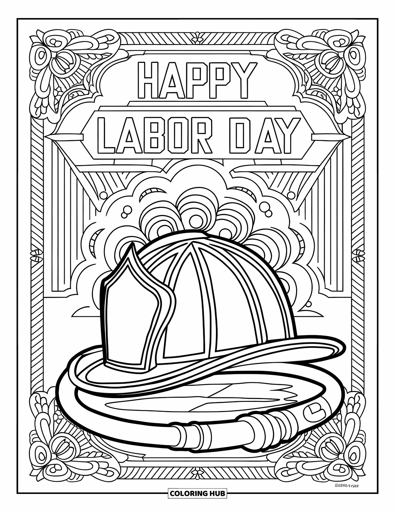 Labor Day Coloring Page for Adults: A firefighter helmet and hose below bold "Happy Labor Day"