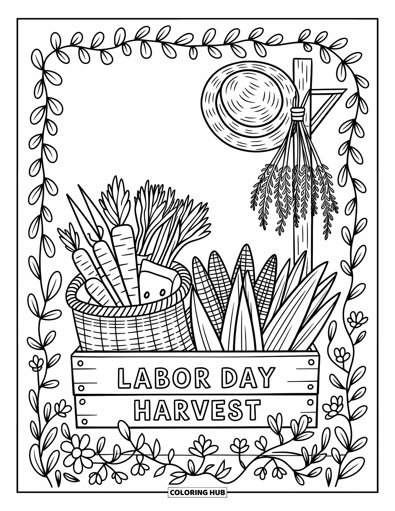 Labor Day Coloring Page for Adults: A harvest stall with crate of vegetables, basket, tools, and herbs