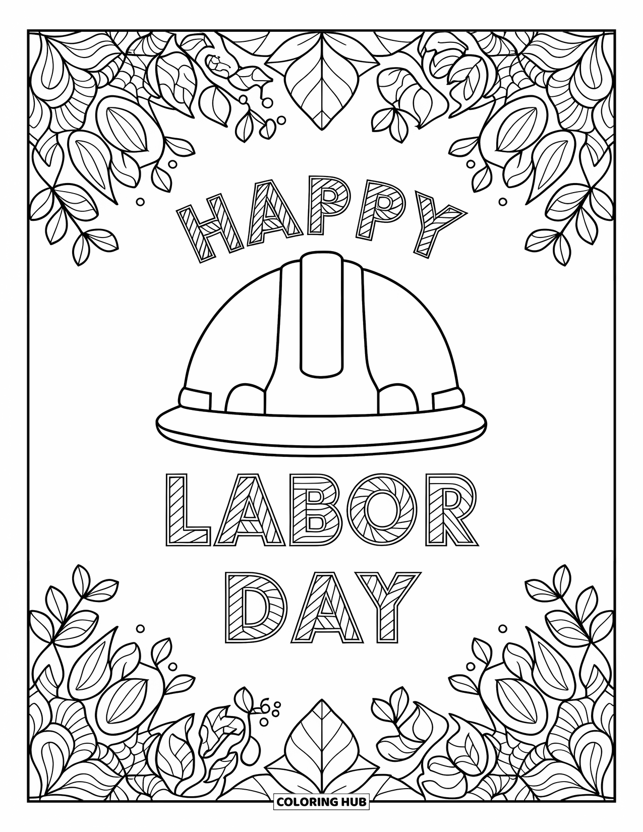 Labor Day Coloring Page for Adults: A helmet surrounded by floral mandalas with text above