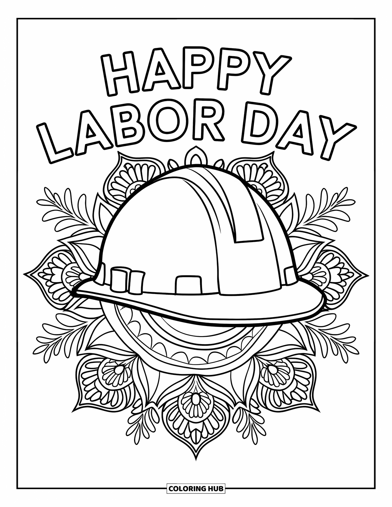 Labor Day Coloring Page for Adults: A helmet with "Happy Labor Day" framed by floral mandalas
