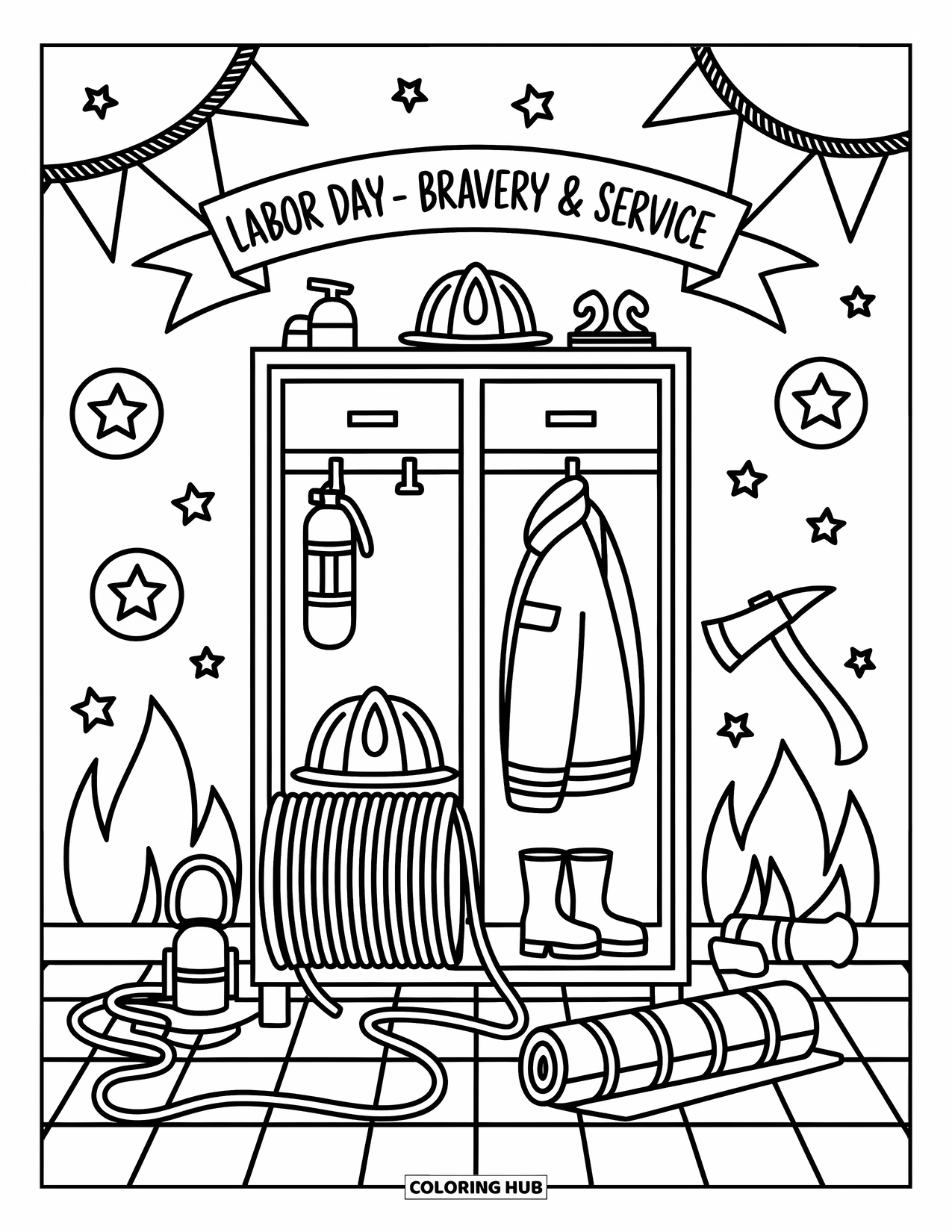 Labor Day Coloring Page for Adults: A locker with helmet, boots, extinguisher, and a Labor Day bravery banner