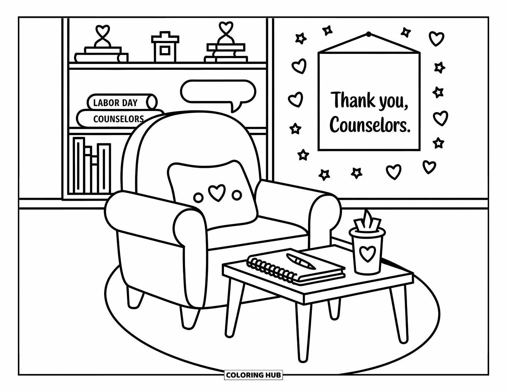 Labor Day Coloring Page for Adults: A peaceful office with a chair, books, and a "Thank You, Counselors" poster