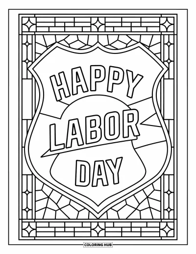 Tegning til arbejdernes dag til voksne: Et politibadge med "Happy Labor Day" omgivet af glasmaleriforme