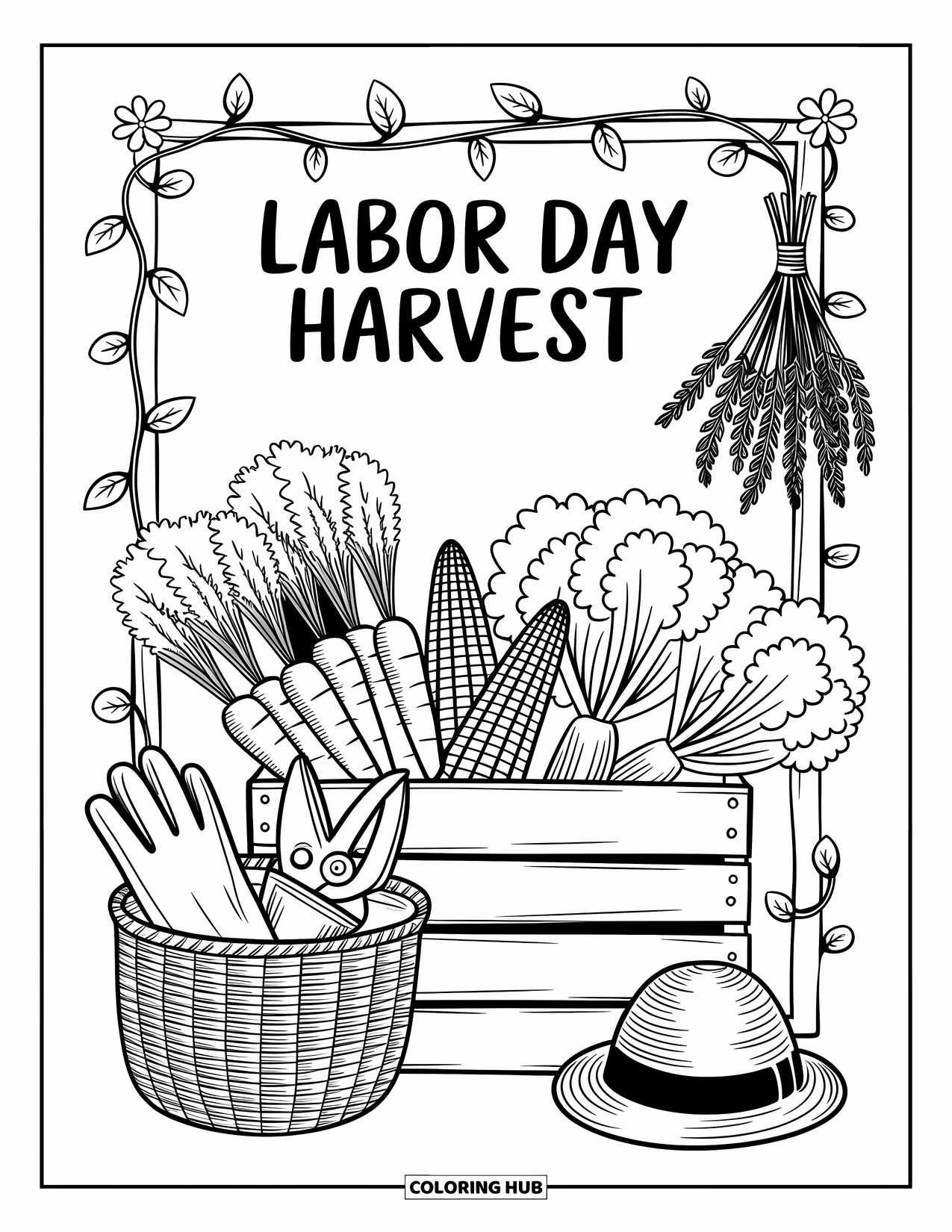 Labor Day Coloring Page for Adults: A stall of vegetables with basket, tools, herbs, and "Labor Day Harvest"