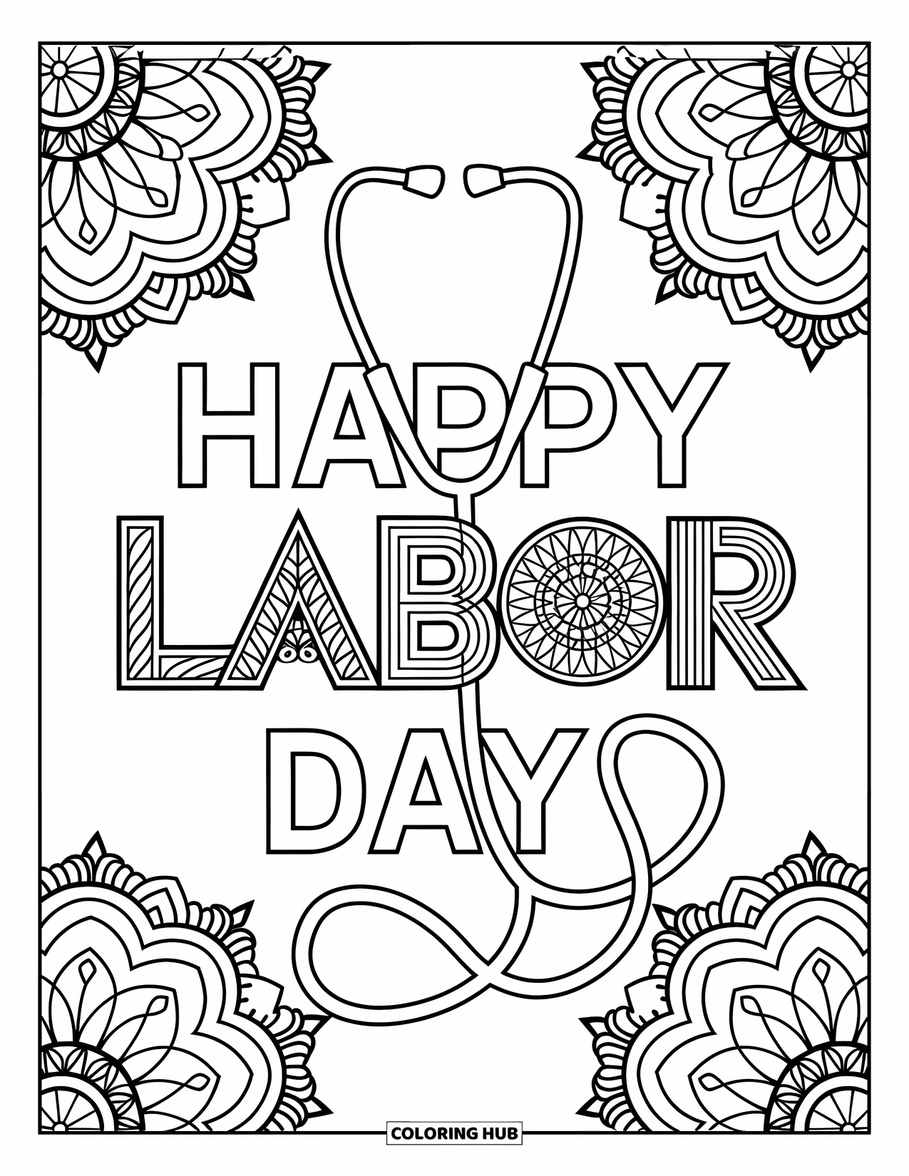 Labor Day Coloring Page for Adults: A stethoscope circles "Happy Labor Day" with ornate mandalas around