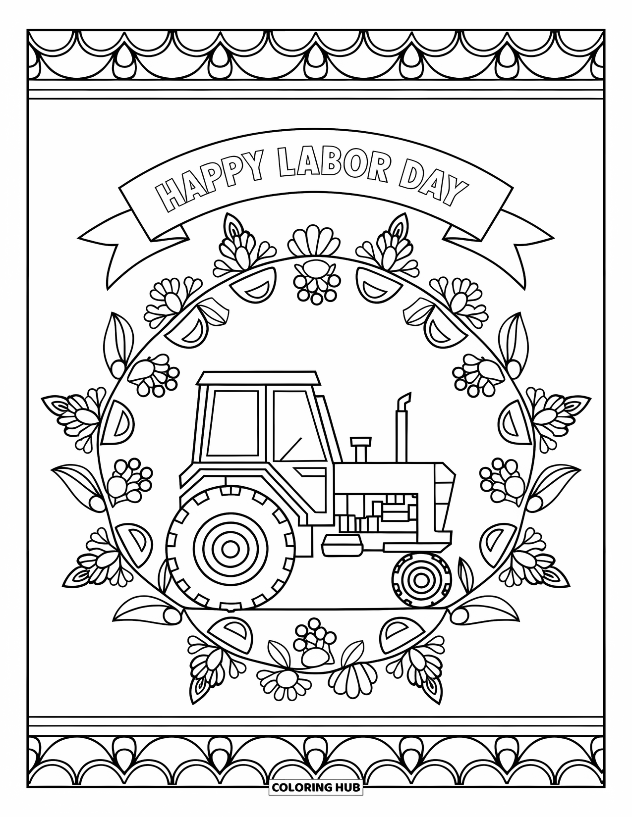 Labor Day Coloring Page for Adults: A tractor framed by mandala vines with "Happy Labor Day" banner