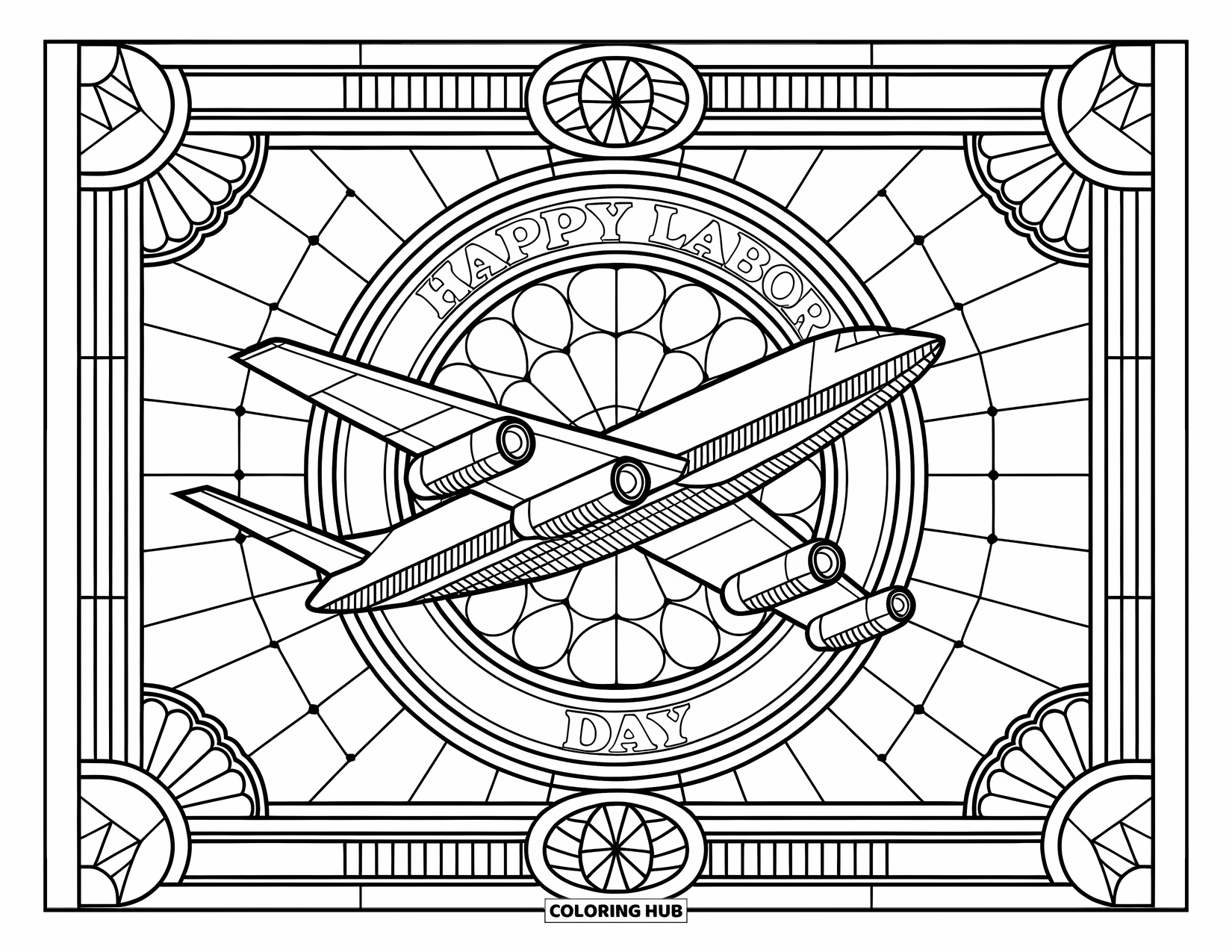 Labor Day Coloring Page for Adults: An airplane flies through a stained-glass circle with "Happy Labor Day" above