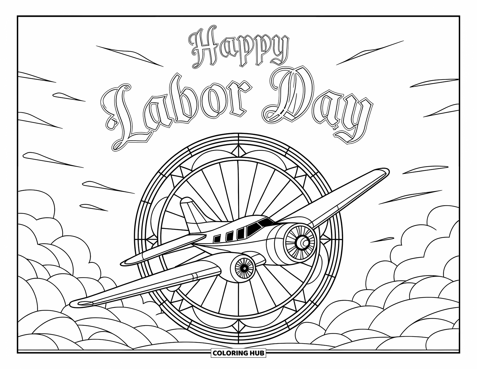 Labor Day Coloring Page for Adults: An airplane inside a stained-glass circle with decorative "Happy Labor Day" text