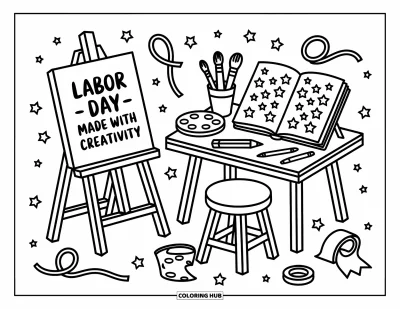 Tegning til arbejdernes dag til voksne: Et staffeli med kunstforsyninger, doodles og et lærred med "Made with Creativity"